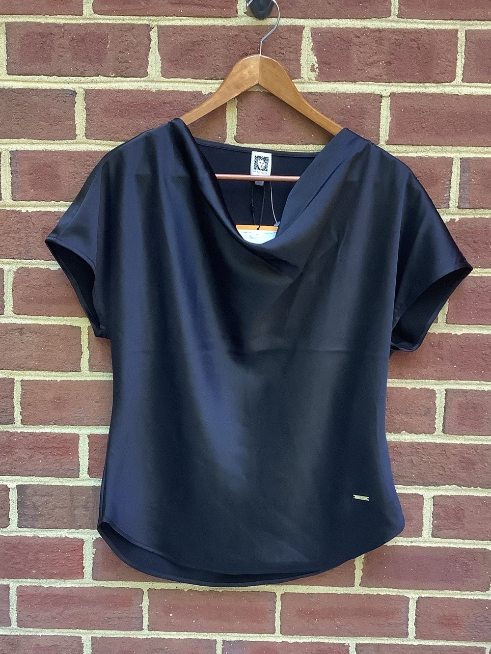 NWT $69 Anne Klein Satin Like Dress Top Cowl Neck Short Sleeve Drape S